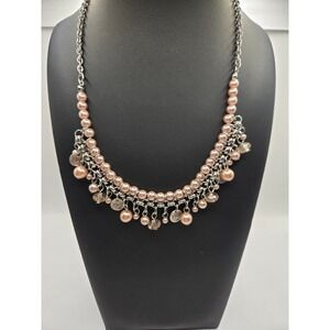 Peach Faux Pearl Silver Tone Bib Statement Necklace Glass Bead Cluster 18in